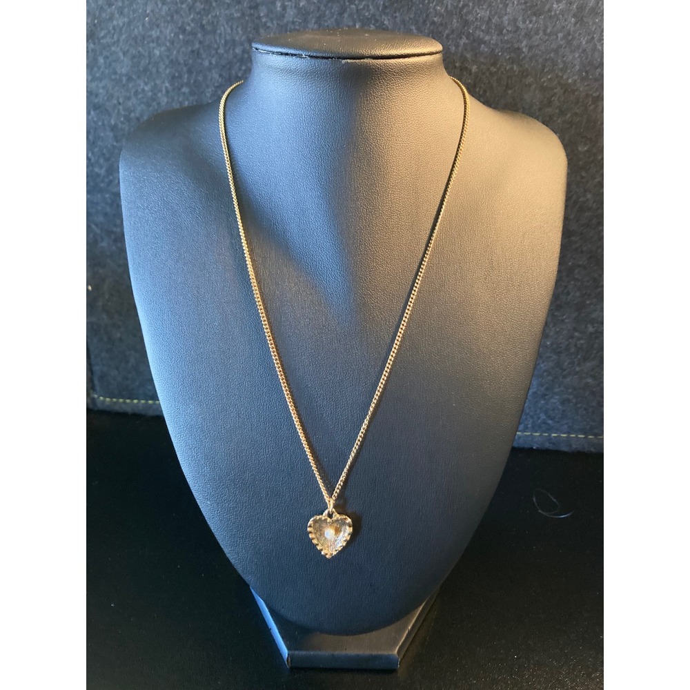 Vintage Gold Tone Heart Pendant Necklace Faux Pearl‎ Textured Boho Jewelry 18"